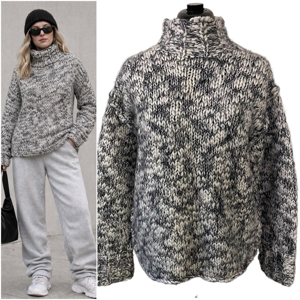 Vtg‎ Hand Knit Mock Neck Black Ivory Chunky Knit Rolled Hem Slouchy Sweater M